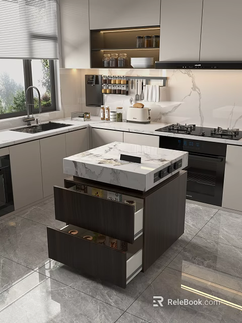 Modern Kitchen Interior With Marble Island Countertop Cabinets Sink Stove And Drawers 3d model 