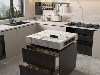 Modern Kitchen Interior With Marble Island Countertop Cabinets Sink Stove And Drawers 3d model