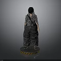 3D Character Model Standing Pose With Black Hair Gray Overalls And Yellow Warning Stripes Base