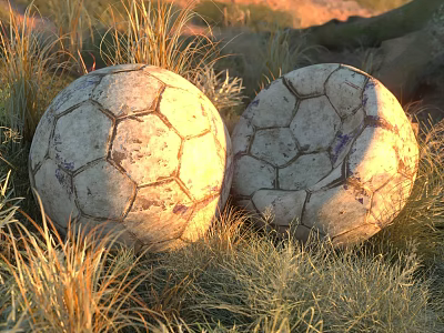 Two Vintage Textured Soccer Balls Lying On Natural Grass Field Outdoor 3d model