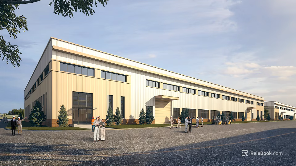 Modern Industrial Factory Building Exterior Featuring Large Windows People And Small Trees Around 3d model 