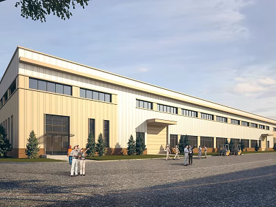 Modern Industrial Factory Building Exterior Featuring Large Windows People And Small Trees Around 3d model