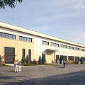 Modern Industrial Factory Building Exterior Featuring Large Windows People And Small Trees Around