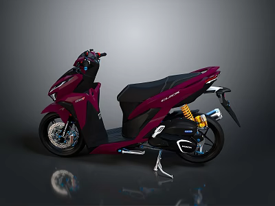 Burgundy Modern Scooter Motorcycle with Black Seat and Yellow Shock Absorber on Reflective Floor 3d model