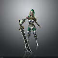 Woman In Green Armor With Glowing Sword And Hood Standing Pose