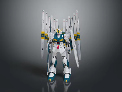 White Green Yellow Robot Figure With Multiple Long Wing Like Structures And Mechanical Details 3d model