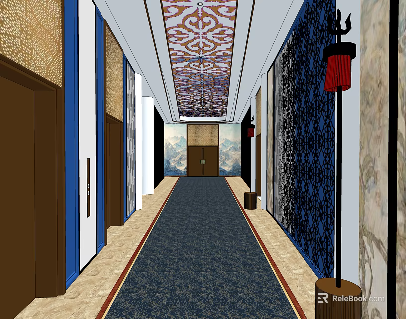 Elegant Elevator Hallway With Dark Carpet Patterned Ceiling And Decorative Walls 3d model