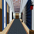 Elegant Elevator Hallway With Dark Carpet Patterned Ceiling And Decorative Walls 3d model