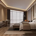 Modern Hotel Room Interior With King Bed Wooden Walls Large Window TV Desk And Rug