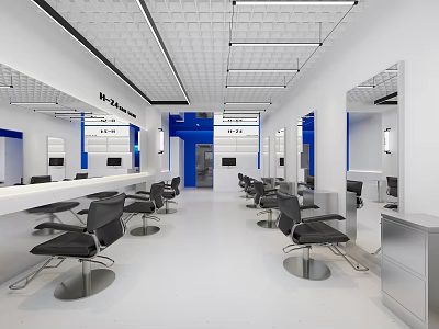 Modern Hair Salon Interior Design With Blue And White Decor Barber Chairs And Wall Mirrors 3d model