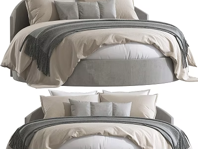 Modern Double Bed with Soft Beige Bedding Gray Blanket and Decorative Pillows 3d model