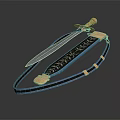 Decorative Sword With Blue Blade And Black Blue Patterned Belt With Golden Accents