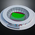 Modern Circular Stadium Design With Green Football Pitch And White Tiered Stands