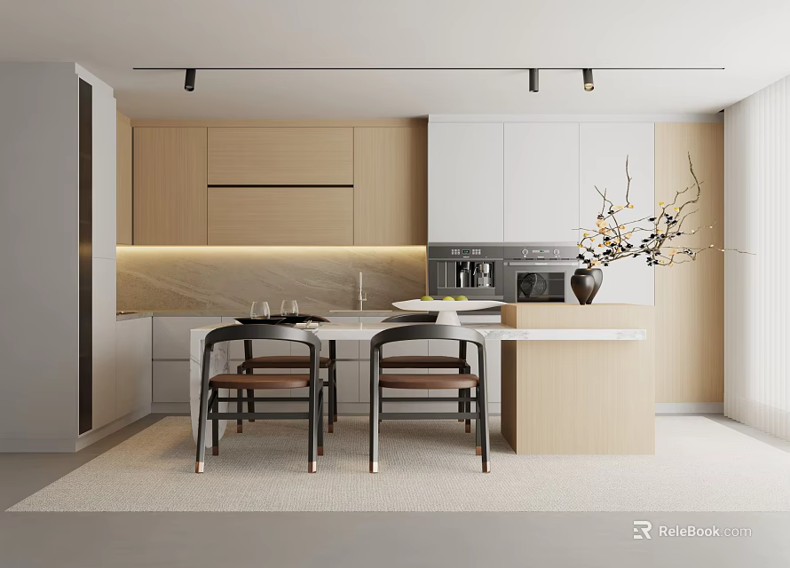 Modern Kitchen Interior With Wood And White Cabinetry Counter Island Seating And Ceiling Lighting 3d model 