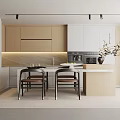Modern Kitchen Interior With Wood And White Cabinetry Counter Island Seating And Ceiling Lighting
