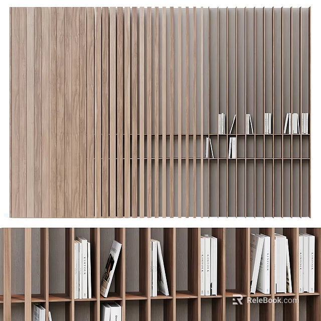 Modern Wooden Bookshelf With Vertical Slats Light Dark Wood Tones And Books 3d model 