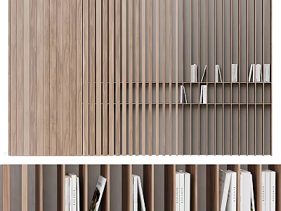 Modern Wooden Bookshelf With Vertical Slats Light Dark Wood Tones And Books 3d model