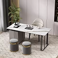 Modern Tea Table and Chairs Set With Marble Top and Gray Stools 3d model