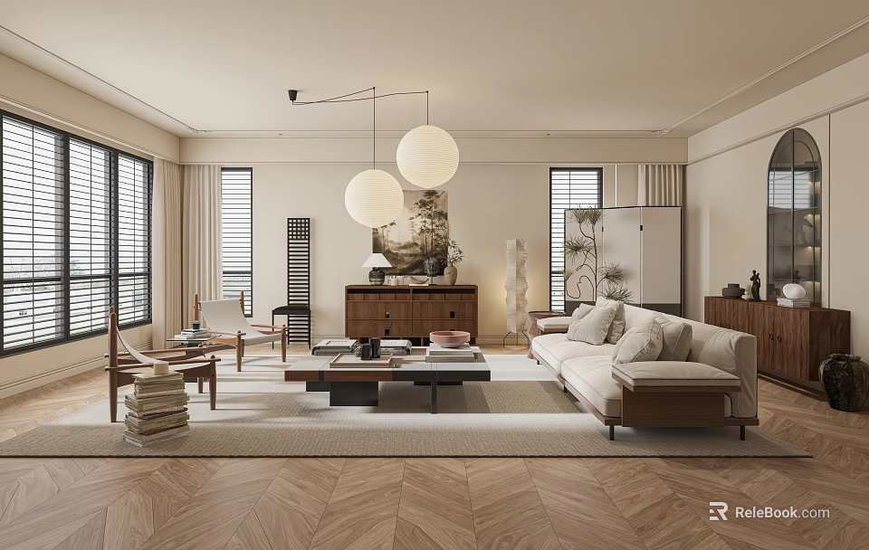 Modern Living Room Interior With Beige Sofa Wooden Coffee Table Round Pendant Lights And Area Rug 3d model 