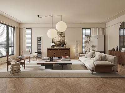 Modern Living Room Interior With Beige Sofa Wooden Coffee Table Round Pendant Lights And Area Rug 3d model