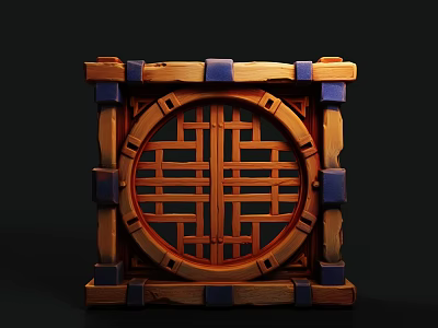 Cartoon Scene Wooden Box Featuring Circular Lattice Design And Blue Accents 3d model