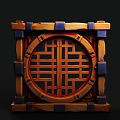 Cartoon Scene Wooden Box Featuring Circular Lattice Design And Blue Accents