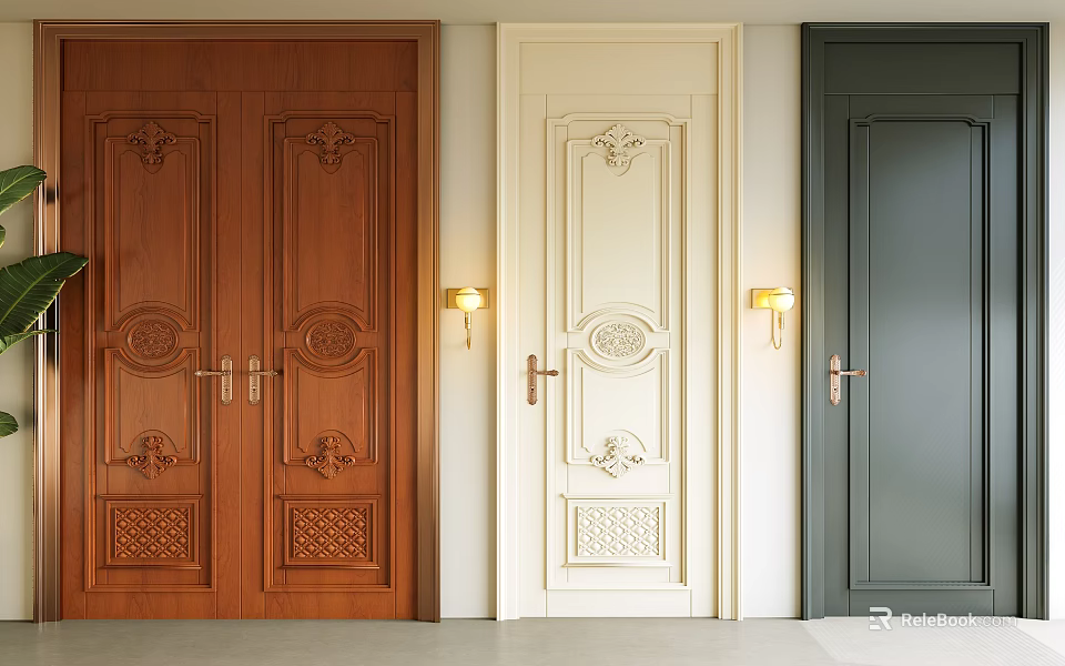 Brown Cream And Dark Green Double Doors With Carved Designs And Wall Lamps 3d model 