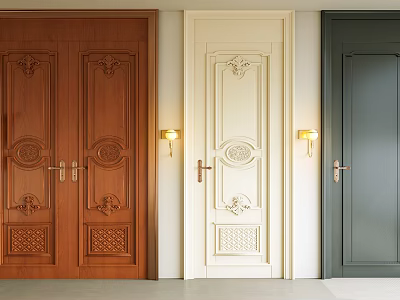 Brown Cream And Dark Green Double Doors With Carved Designs And Wall Lamps 3d model