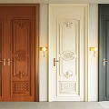 Brown Cream And Dark Green Double Doors With Carved Designs And Wall Lamps