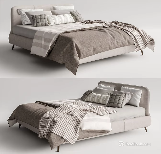 Modern Double Bed Design With Light Gray Headboard And Striped Plaid Bedding 3d model