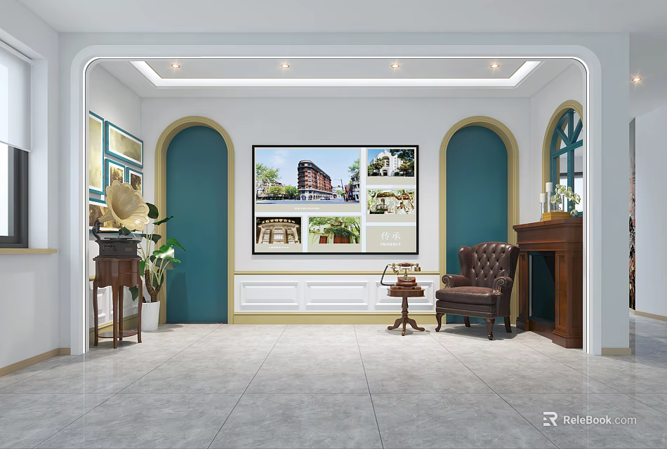 Elegant Leisure Area With Blue Walls Brown Armchair Coffee Table Decorative Painting And Plant 3d model 