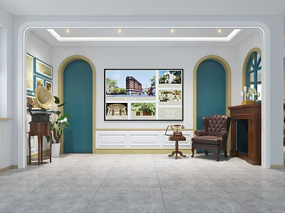 Elegant Leisure Area With Blue Walls Brown Armchair Coffee Table Decorative Painting And Plant 3d model