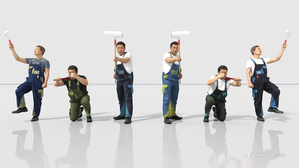 Men In Work Overalls Holding Paint Rollers And Brushes Standing And Kneeling In Various Poses 3d model 