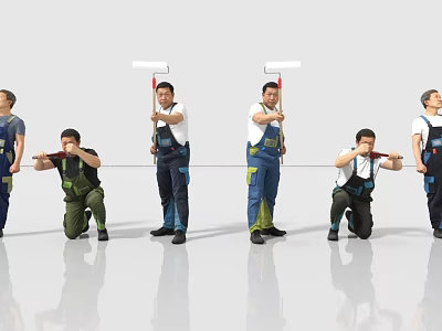 Men In Work Overalls Holding Paint Rollers And Brushes Standing And Kneeling In Various Poses 3d model
