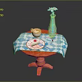 Dining Table With Blue White Checkered Tablecloth Blue Vase Pink Flower Dessert Plate And Cup