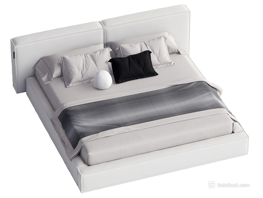 Modern White Double Bed With Gray Bedspread Black White Pillows And Sleek Headboard 3d model 