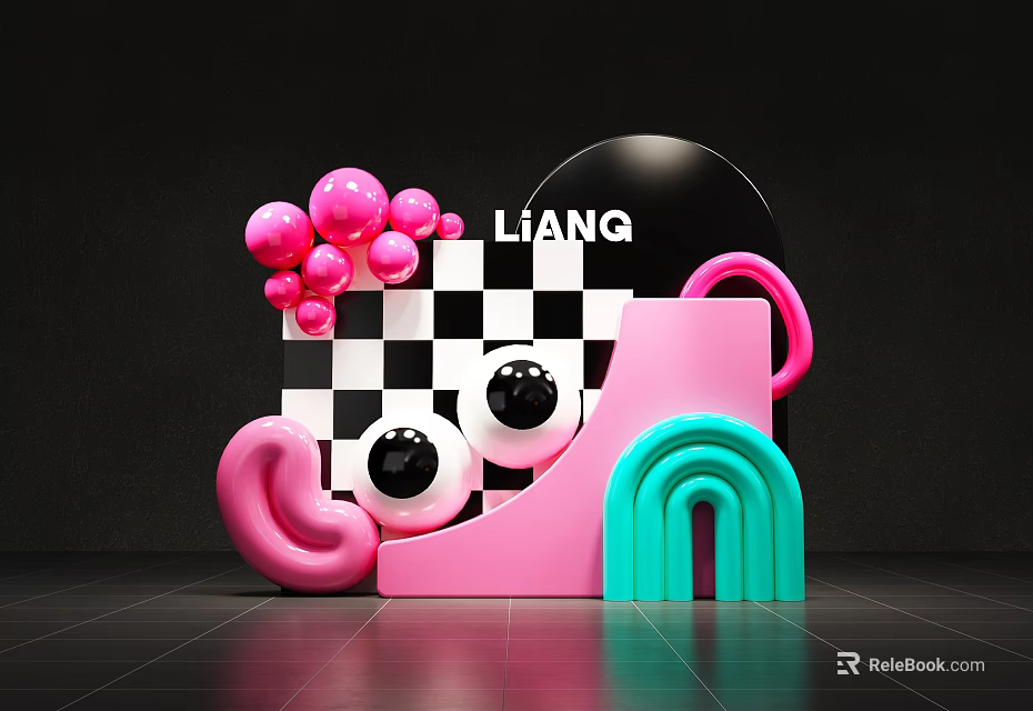 Vibrant Art Installation With Pink Spheres Black White Checkered Pattern Large Eyes Ear Blue Arch 3d model 
