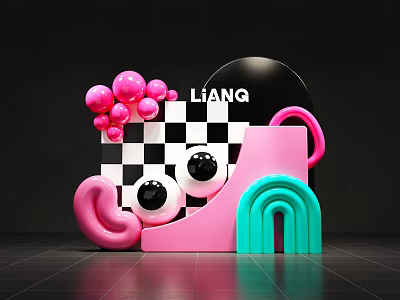 Vibrant Art Installation With Pink Spheres Black White Checkered Pattern Large Eyes Ear Blue Arch 3d model