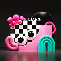 Vibrant Art Installation With Pink Spheres Black White Checkered Pattern Large Eyes Ear Blue Arch