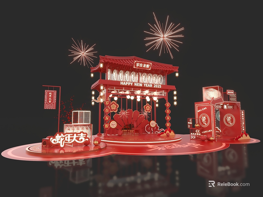 Chinese New Year Red Photo Check In Spot With Traditional Pavilion Lanterns And Fireworks Decorations 3d model 