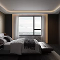 Modern Bedroom Interior Design With Dotted Accent Wall Upholstered Bed And Wooden Bench