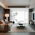 Modern Living Room Interior With Brown Sofa Floor Lamp Accent Chair Plant And Window Blinds