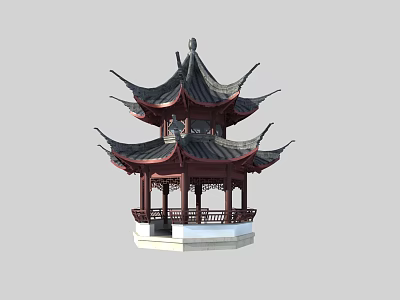 Chinese Traditional Landscape Pavilion With Multi Layered Eaves And Wooden Railings 3d model