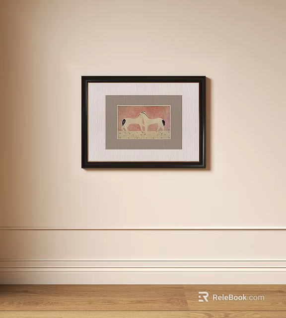 Black Framed Animal Painting With Two Horses On Beige Wall Minimalist Style 3d model 