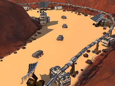 Cartoon Scenic Martian Base Desert Landscape With Vehicles Solar Panels Circular Tracks And Rocky Terrain 3d model