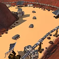 Cartoon Scenic Martian Base Desert Landscape With Vehicles Solar Panels Circular Tracks And Rocky Terrain