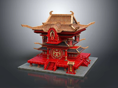 Cartoon scene of Chinese traditional multilayered red building with golden roof decorative stairs and ornaments 3d model