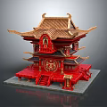 Cartoon scene of Chinese traditional multilayered red building with golden roof decorative stairs and ornaments