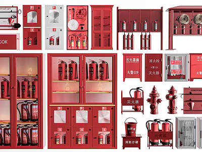 Various Types of Red Fire Safety Equipment Including Extinguishers Cabinets Hydrants and Buckets 3d model