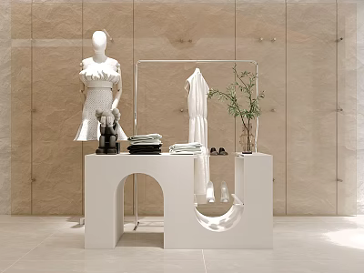 Modern White Display Shelf with Mannequin in Dress Folded Towels Sunglasses and Plant 3d model